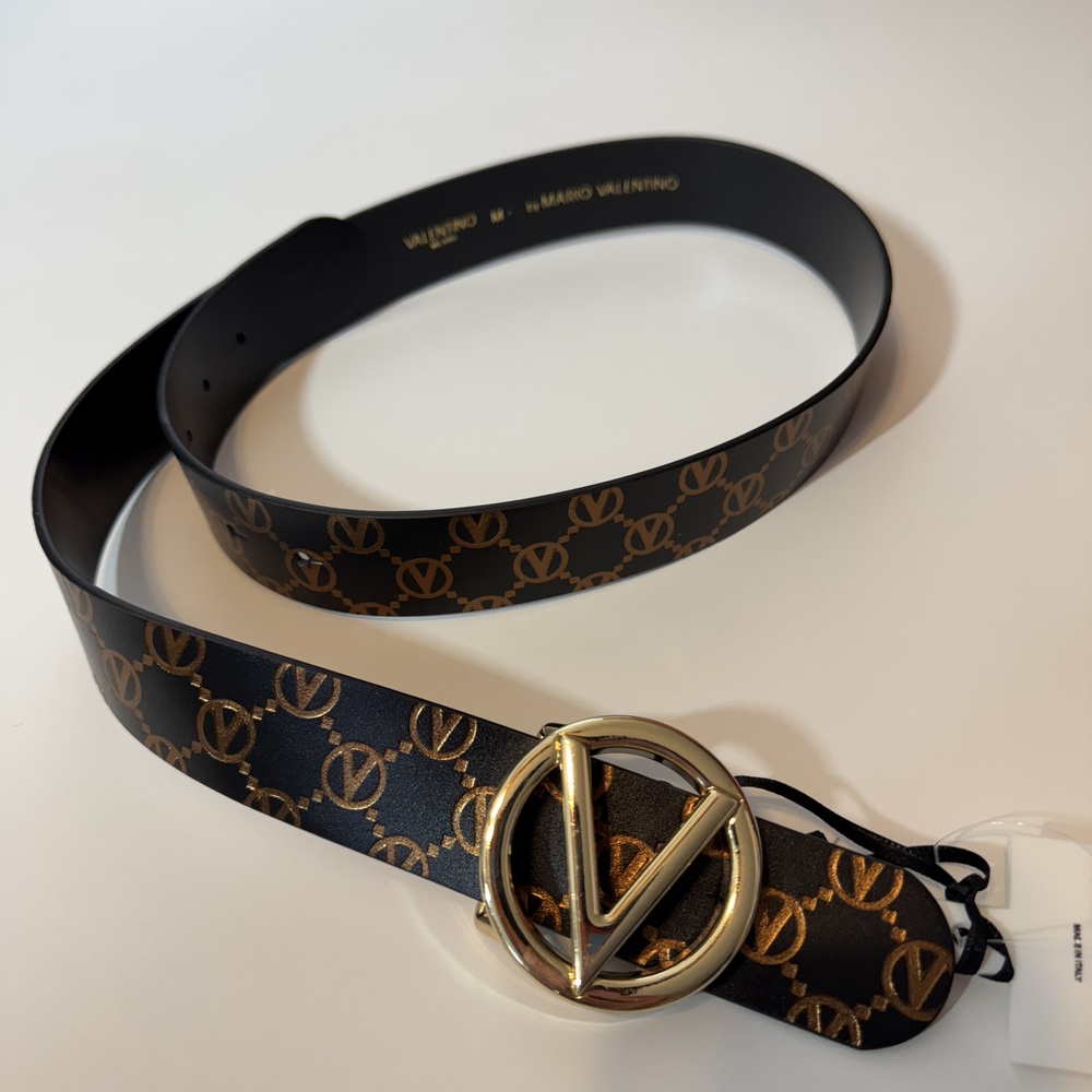 NEW VALENTINO AUTHENTIC GIUSY MONOGRAM LEATHER BLACK BELT​​ GOLD BUCKLE MEDIUM